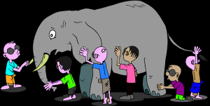 Beispielbild: Elefant auf den Menschen aus verschiedenen Perspektiven schauen und deshalb verschiedenes wahrnehmen.